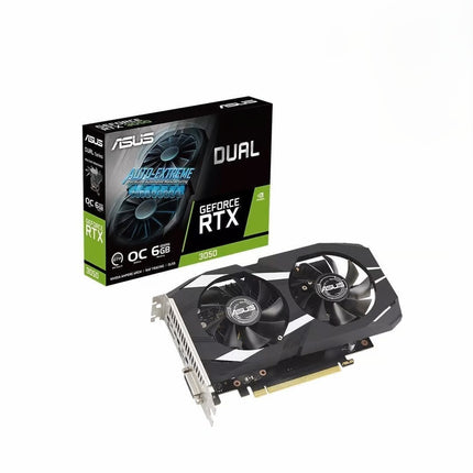 Asus GeForce RTX graphics card with packaging on a white background