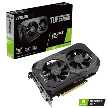 Asus TUF Gaming GeForce GTX graphics card with packaging on a white background