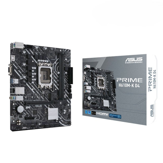 Asus Prime H610M-K D4 motherboard with packaging on a white background