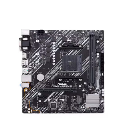 Front view of the ASUS PRIME A520M-E Micro-ATX AM4 motherboard featuring a black PCB with white diagonal accents, two DDR4 memory slots, an AM4 CPU socket, PCIe expansion slots, SATA ports, and a silver chipset heatsink.