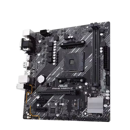 Angled front view of the ASUS PRIME A520M-E motherboard highlighting the AM4 socket, dual DDR4 DIMM slots, PCIe x16 slot, PCIe x1 slots, SATA connectors, and compact Micro-ATX layout.