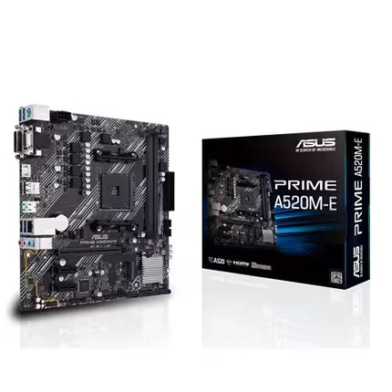 ASUS PRIME A520M-E Micro-ATX AM4 motherboard displayed alongside its official retail box, showcasing the complete motherboard layout and ASUS PRIME series packaging.