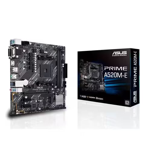 ASUS PRIME A520M-E Micro-ATX AM4 motherboard displayed alongside its official retail box, showcasing the complete motherboard layout and ASUS PRIME series packaging.