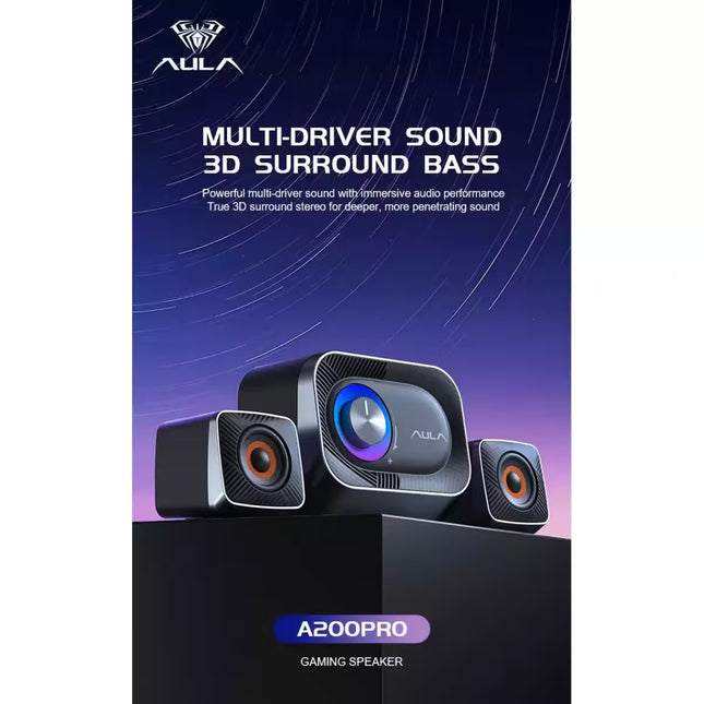Aula A200PRO gaming speaker system with 3D surround bass on a dark background