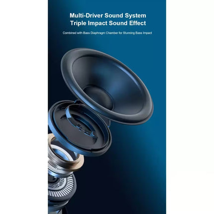 Speaker driver with text about multi-driver sound system and triple impact sound effect on a blue background