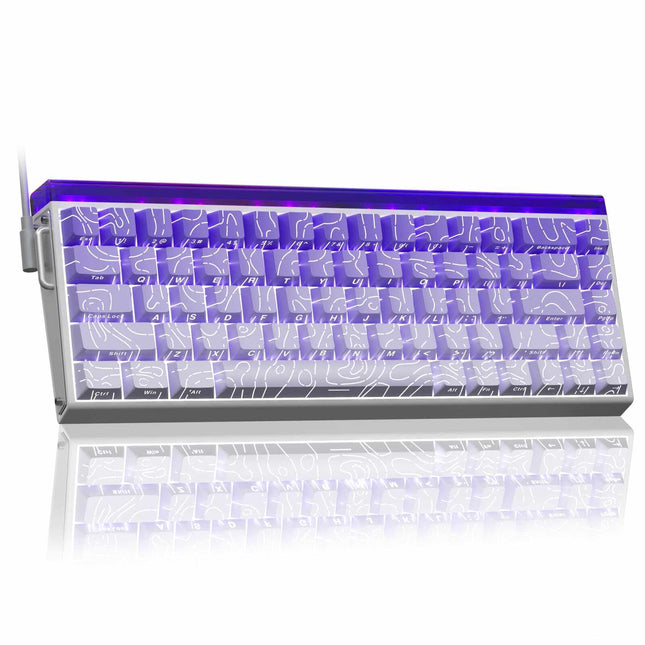 Transparent keyboard with purple text on a white background