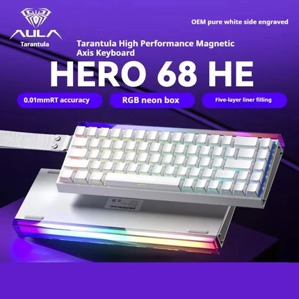 Aula Tarantula Hero 68 HE keyboard with RGB lighting on a purple background