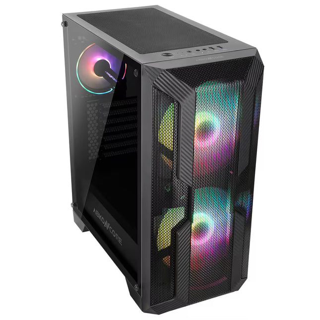 A black computer case with a carbon-fiber textured front panel, a clear side glass panel, and multiple RGB-lit fans visible through the front mesh grates, shown on a plain white background.