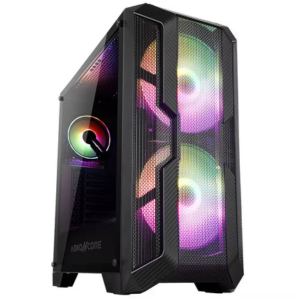 A black gaming PC tower case with RGB LED lighting on a solid white background. The case features a textured carbon-fiber pattern on the lower front panel, a large black mesh front grille, a side glass panel with an integrated RGB fan, and two large front-facing fans illuminated with a pink, purple, and green gradient.