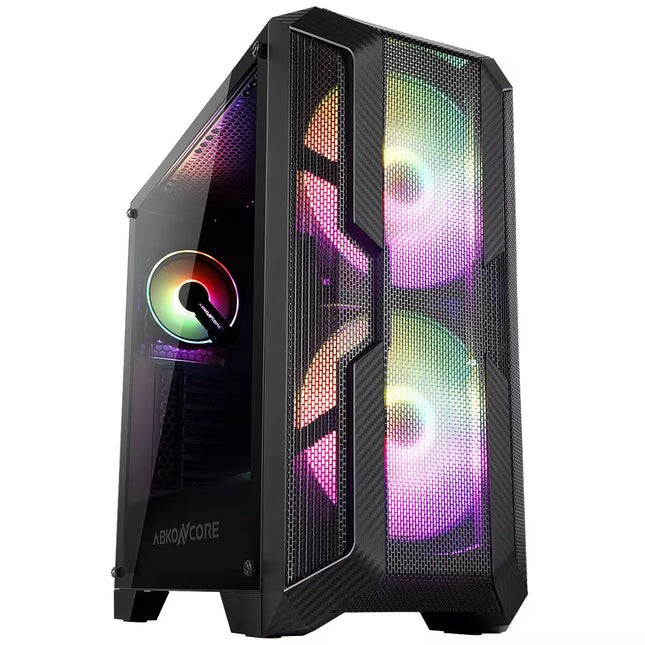 A black gaming PC tower case with RGB LED lighting on a solid white background. The case features a textured carbon-fiber pattern on the lower front panel, a large black mesh front grille, a side glass panel with an integrated RGB fan, and two large front-facing fans illuminated with a pink, purple, and green gradient.