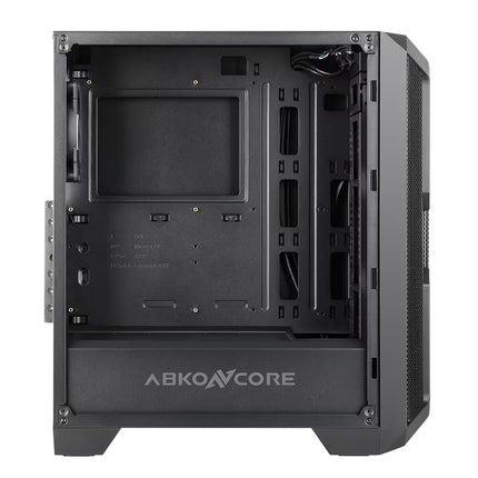 A black Abiko Core computer case shown from the rear three-quarter angle, displaying the interior mounting slots and back panel with the Abiko Core logo.