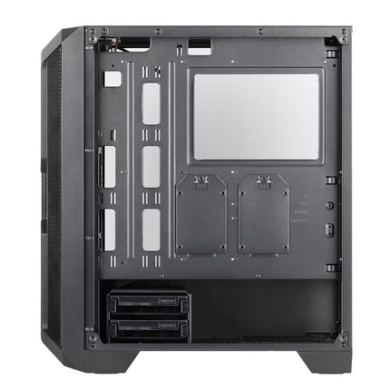 The rear interior view of a black computer case, showing empty drive bays, mounting slots, and a blank panel on a white background.