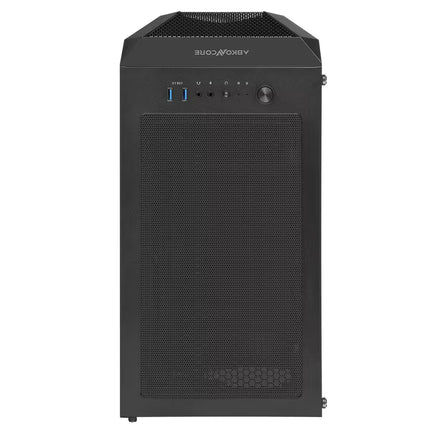 A black Abkhaze desktop computer tower case shown from the front on a solid white background.