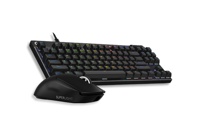 Black gaming keyboard and mouse set on a white background