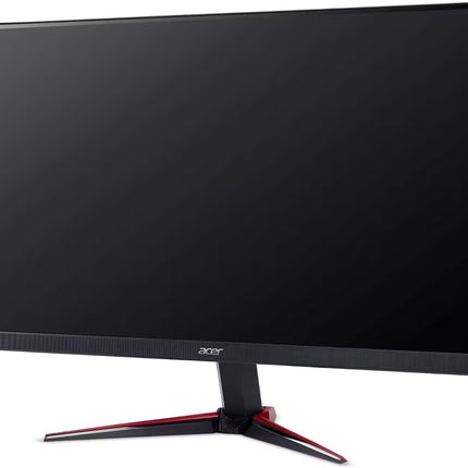 A black Acer gaming monitor with a red accent on its stand, shown at a three-quarter angle against a white background.