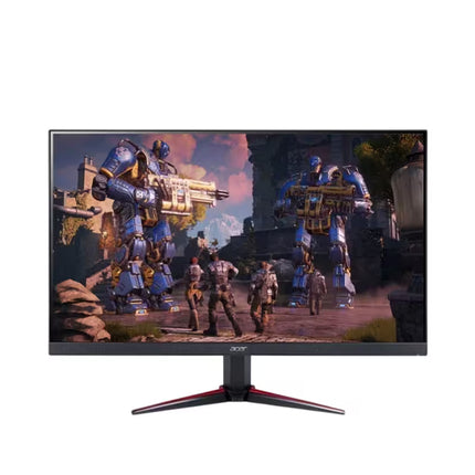A black Acer gaming monitor with a red accent on its stand, displaying a video game scene on a solid white background.