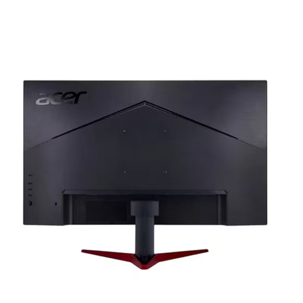 Acer gaming monitor from the rear, featuring a matte black bezel with the Acer logo, a geometric vented design, and a distinctive red T-shaped stand on a white background.