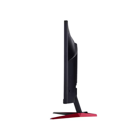 A side profile view of a black computer monitor with a distinctive red geometric stand, set against a plain white background.