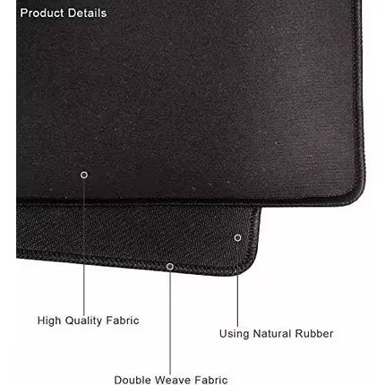 Close-up product detail showing a black textured fabric surface with labeled callouts for high quality fabric, double weave fabric, and natural rubber trim on a white background.