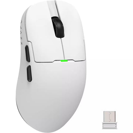 White gaming mouse with wireless receiver on a white background