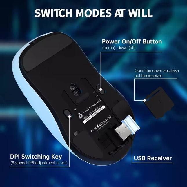 Black computer mouse with labeled parts on a blue gradient background