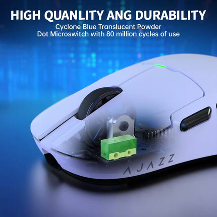 White gaming mouse with green microswitch on a blue gradient background, featuring AJAZZ branding.
