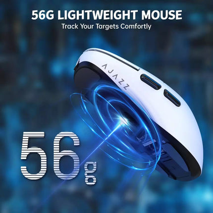 White mouse with blue glowing effect on a dark background, featuring the brand 'AJAZZ'.