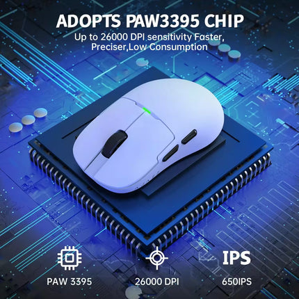 White computer mouse on a blue circuit board with text about PAW3395 chip features.