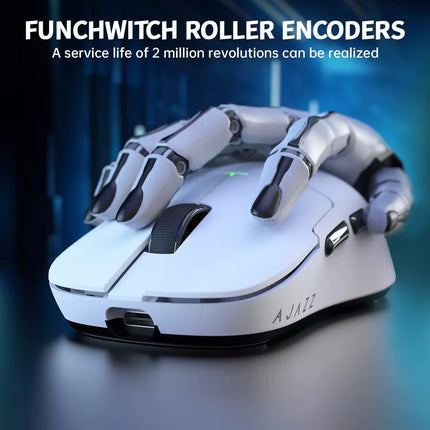 White gaming mouse with mechanical design on a dark background, featuring text about Funchwitch roller encoders.