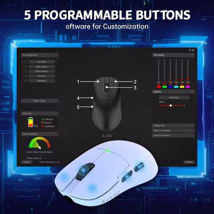 Computer mouse with software interface showing programmable buttons on a blue-tech background
