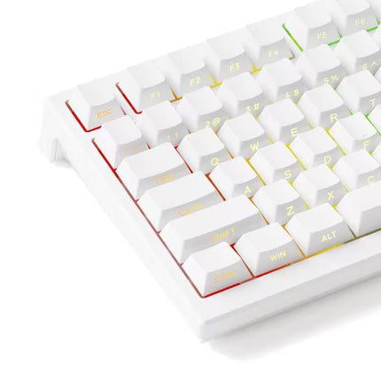 Close-up of a white mechanical keyboard with red accents on a white background