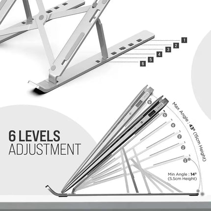 Silver aluminum alloy laptop stand with a foldable, adjustable-height design, featuring anti-slip silicone pads and sturdy support for laptops up to 15.6 inches.