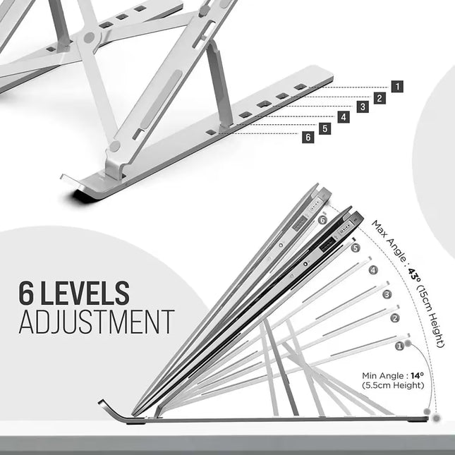 Silver aluminum alloy laptop stand with a foldable, adjustable-height design, featuring anti-slip silicone pads and sturdy support for laptops up to 15.6 inches.