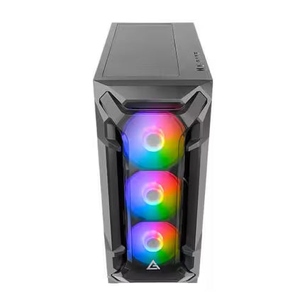 A black gaming computer tower with a transparent side panel showing three vertically aligned RGB fans glowing with a rainbow light, isolated on a white background.