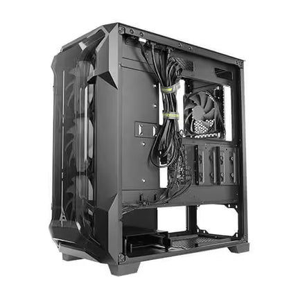 Black computer case with a transparent side panel, shown from the rear three-quarter view to display the internal layout, cable management, and mounting slots.