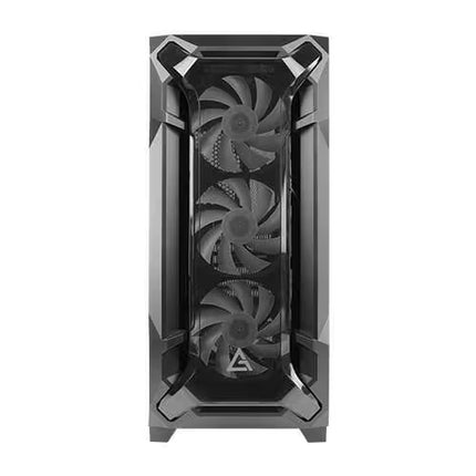 A black computer case with a three-fan front cooling setup, shown from the front against a plain white background.