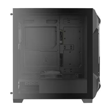 A black computer case with a transparent side panel showing the internal chassis, motherboard mounting points, and drive bay, isolated on a white background.