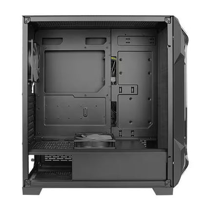 A black computer case shown from the front three-quarter angle, displaying the empty interior with mounting panels, drive bays, and a lower front panel.