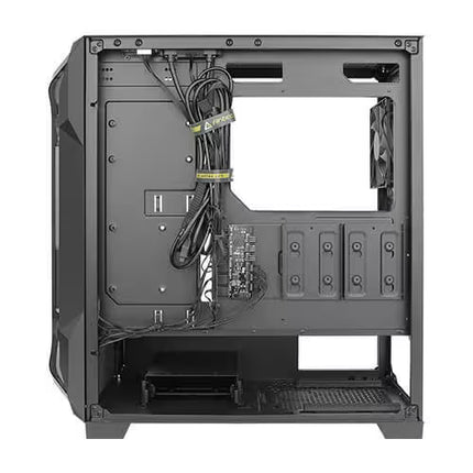 A black empty computer case shown from the rear, displaying the open side panel, internal mounting slots, cable management, and drive bay locations against a white background.