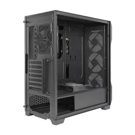 A black mid-tower computer case with an open side panel, showing the interior mounting rails, front PSU mesh, and three front fans, isolated on a white background.