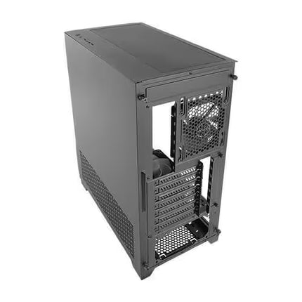Computer case with mesh side panel on a white background