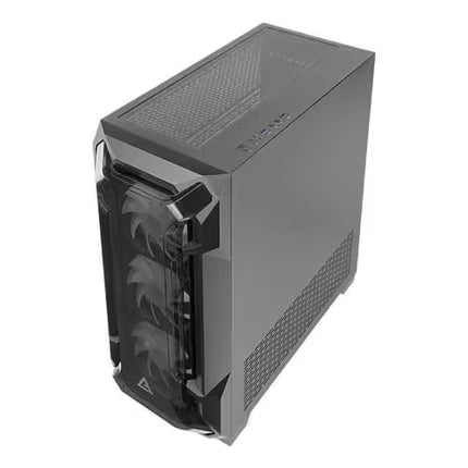 A black mid-tower computer case with a transparent front panel showing three cooling fans, photographed on a plain white background.