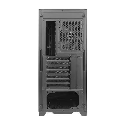 A dark gray gaming computer case shown from the rear, featuring a honeycomb-patterned front exhaust grille, multiple drive bays, and a top power supply intake port, isolated on a white background.
