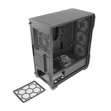 A black empty computer case with a transparent side panel, shown at an angle with a matching hex-patterned front grille or insert placed below it on a plain white background.