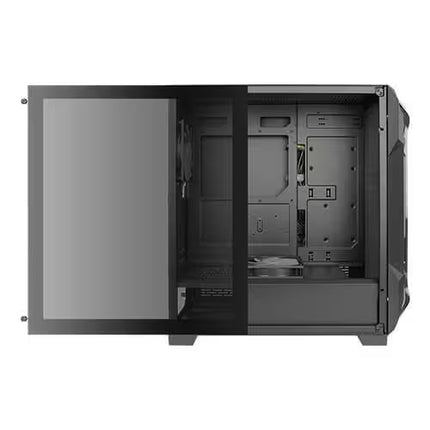 A black computer case shown from the front-three-quarter angle with the side panel removed, revealing the empty internal chassis and mounting rails.