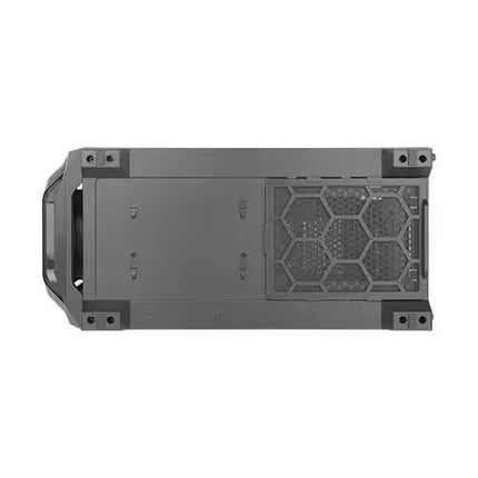 A dark gray computer case shown from the rear/top view, featuring a honeycomb-patterned mesh front panel and mounting screw holes, isolated on a white background.