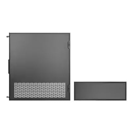 Two black metal panels with a grid pattern on a white background