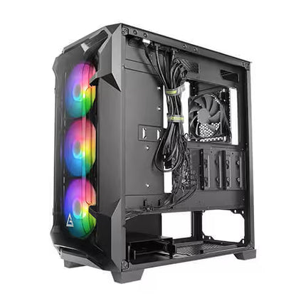 Computer case with RGB lighting and visible components on a white background