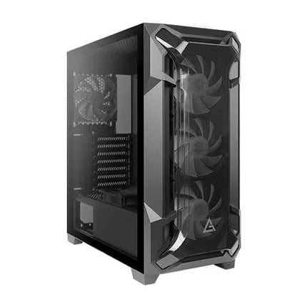 Black computer gaming case with transparent side panel on a white background