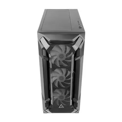 A black and dark gray gaming computer tower with a transparent side panel showing three cooling fans, photographed on a plain white background.